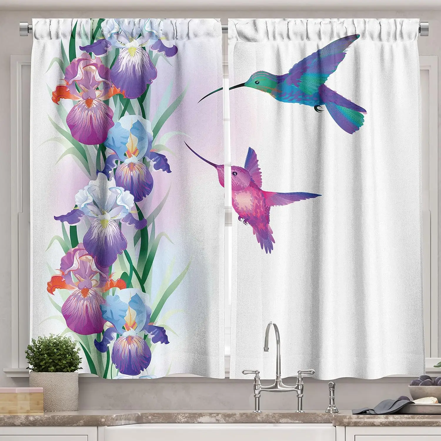 

Лунные кухонные шторы с колибри, красочные птицы с листвами и цветущими цветами ириса на весну, оконный дракон