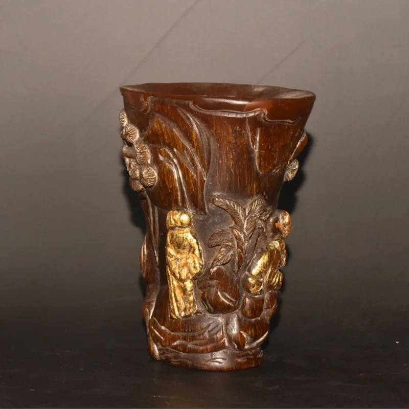 Antique gilded rhinoceros horn figure wine and tea cup decorative craft