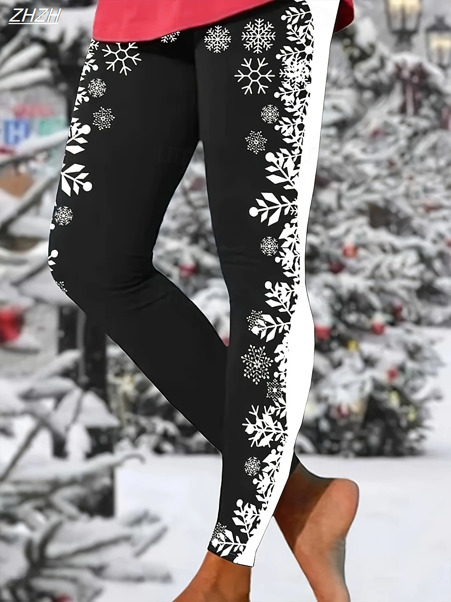 Women's Leggings 2025 Christmas Snowflake Graphics Outdoor Trousers Polyester Spandex Stretch Elastic Waist,Control Streetwear
