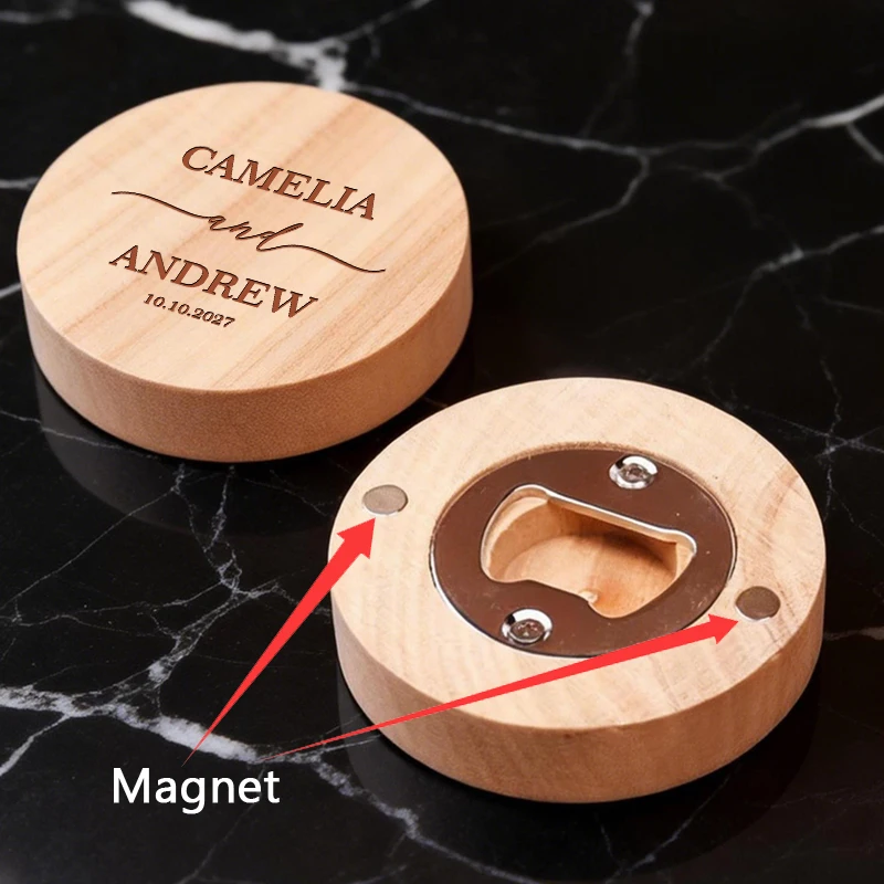 

Personalized Wedding Bottle Opener, Engraved Round Wooden Bottle Opener, Magnetic Bottle Opener, Custom Wedding Gift for Guests