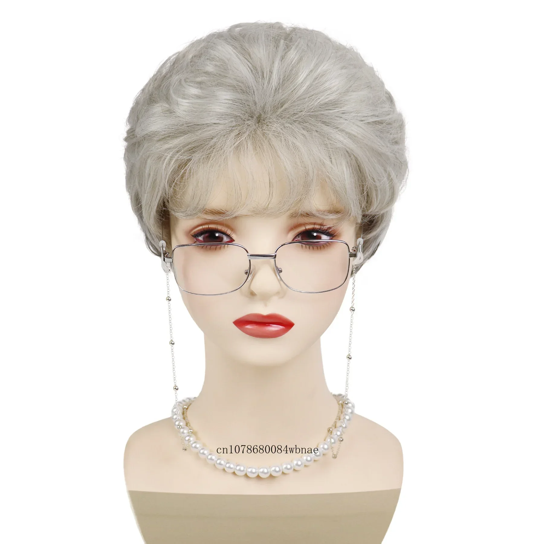 Synthetic Short Grey Old Lady Wigs for Women Granny Cosplay Costume Set with Glasses Chain Necklace Daily Blanche Halloween Wig