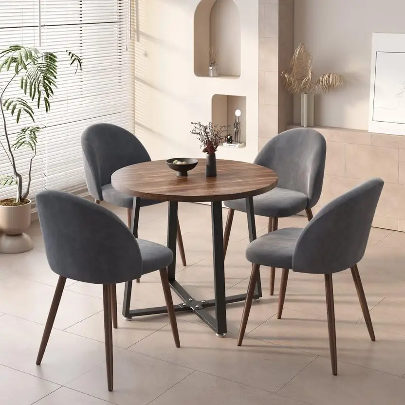 5-Pieces Modern 35'' Inch Round Wooden Dining Table Set for 4 Comfortable Velvet Chairs, Space Saving Kitchen Furniture, Small