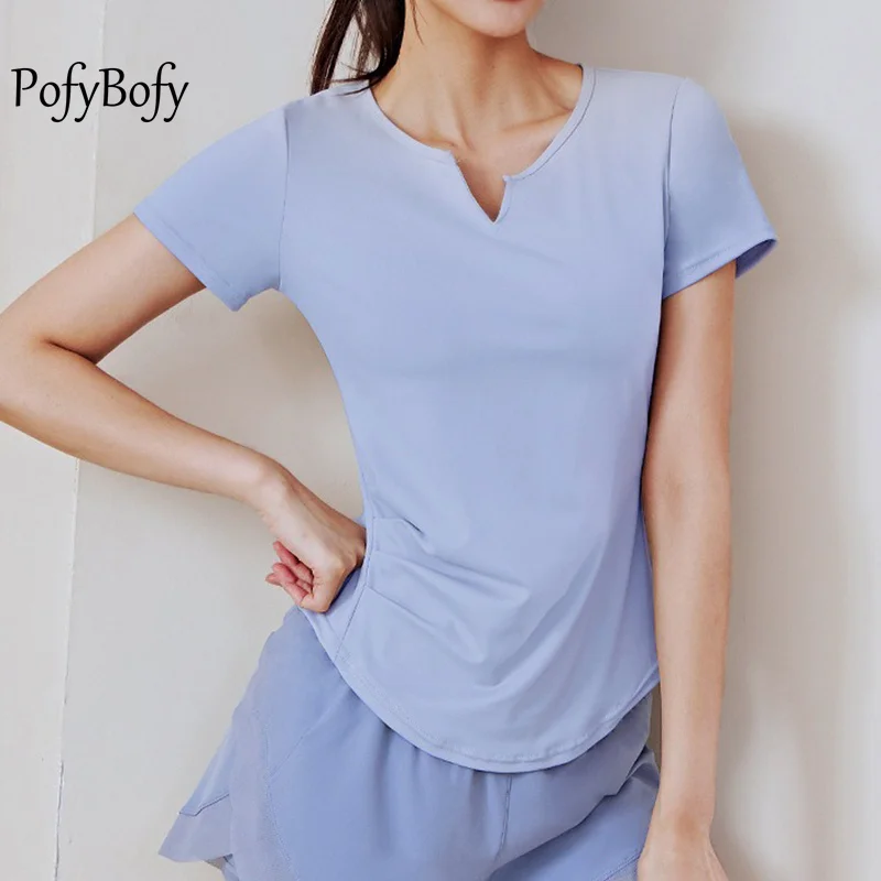 

PofyBofy Side Pleats V Neck Short Sleeves Sexy Slim Fit Quick Dry Yoga Shirt Fitness Running Dancing Exercise Women Summer Tops