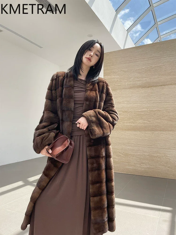 KMETRAM Natural Purple Label Whole Mink Jacket Women Long Velvet Mink Fur Coat Luxury Winter Coats 2026 New Woman Clothing 110cm