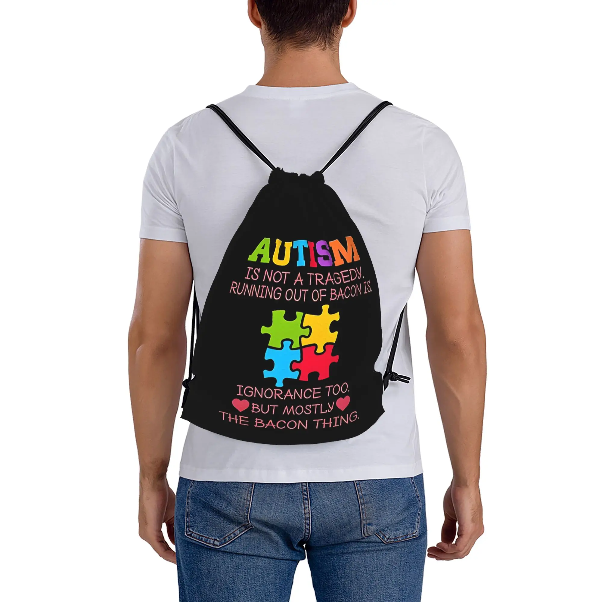 Autism Is Not A Tragedy Running Out Of Bacon Is  Portable Travel Drawstring Backpack Riding Backpack Gym Shoes Drawstring Bags