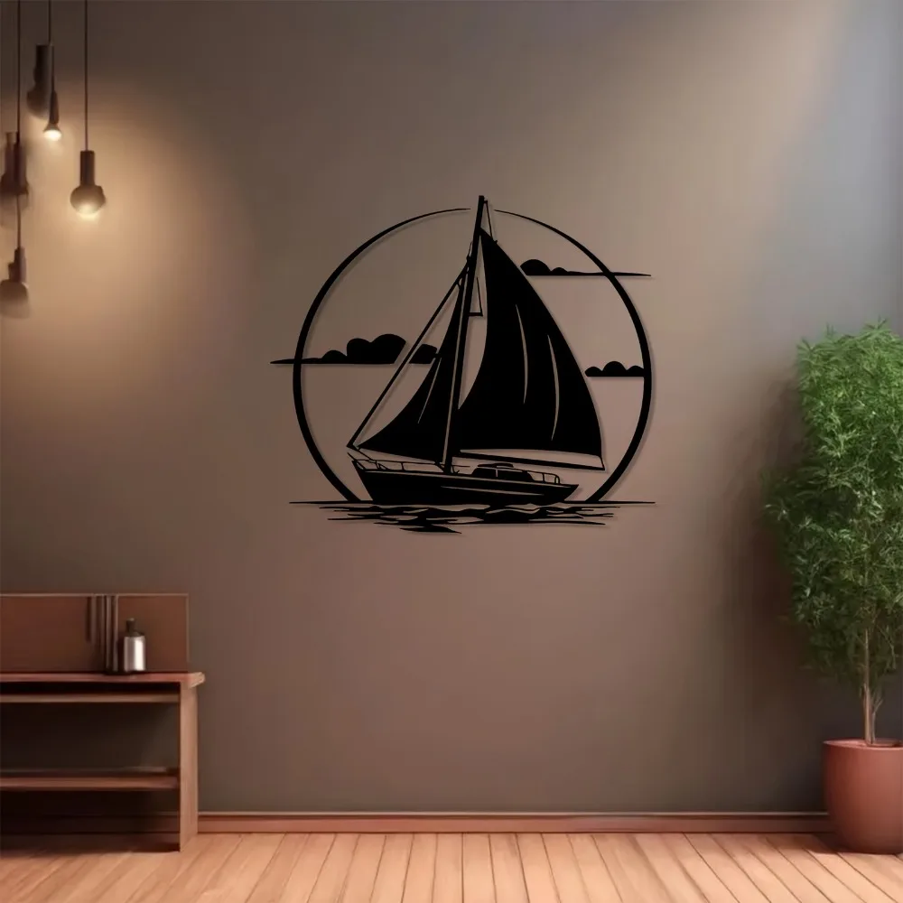 CIFBUY Metal Wall Art, 2D Flat Modern Sailboat Iron Hanging Sculpture, Rustproof Nautical Wall Ornament, Indoor Outdoor