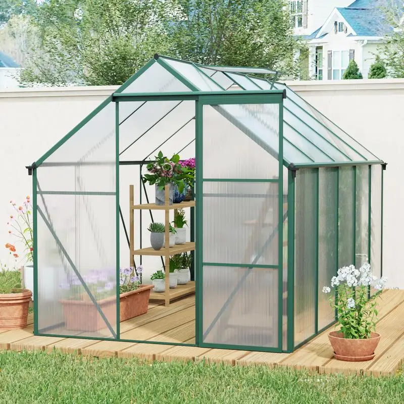 

6x10ft Polycarbonate Walk-In Greenhouse with Raised Base & Heavy-Duty Aluminum Anchoring for All-Season Outdoor Use