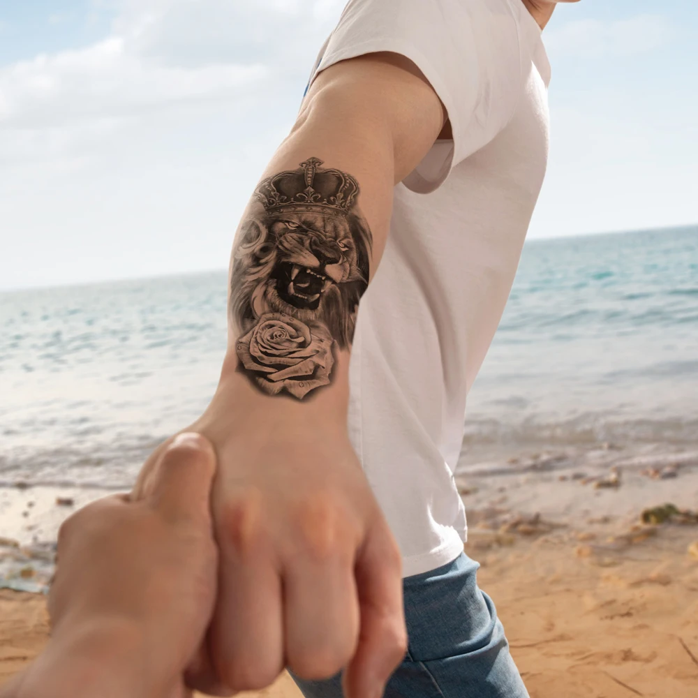 Waterproof Temporary Tattoo Sticker Black Forest Lion Tiger Flash Fake Tattoo Women Wolf Crown Body Art Arm Men,Cool Sexy Decals image 5