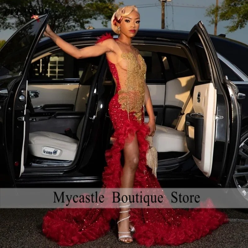 Customized Aso Ebi Red Sequins Evening Dress 2026 Gold Crystal Applique Beading African High Slit Prom Dress Party Gown