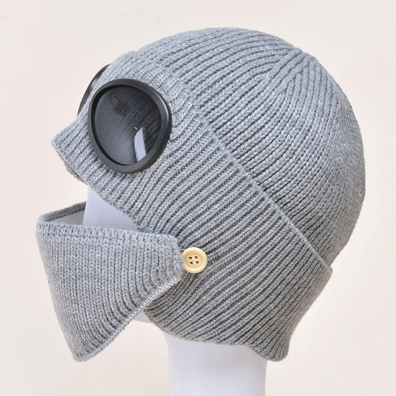 Autumn and Winter Warm Hat New Aviator Glasses Ear Protection Plus Velvet Warm Wool Knitted Hat with Mask