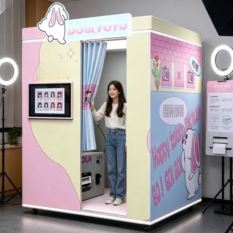 Customized Enclosed Self Service Photo Booth, Smart Digital Dual Port Printer Photo Kiosk for Wedding Birthday Party
