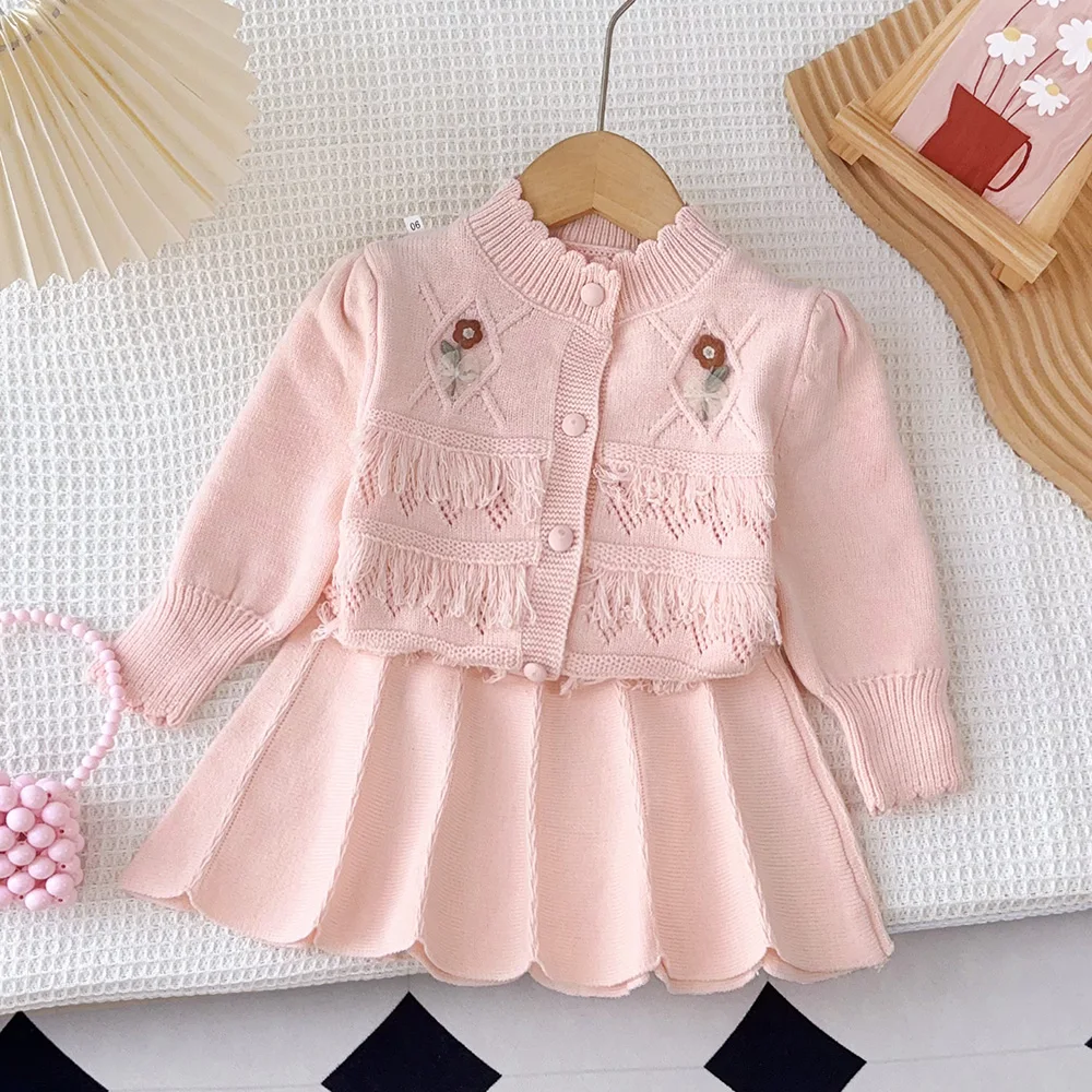 

2-6 Years Kids Sweater Clothes Girls Winter Flower Tassel Knitting Cardigan Jacket+Pleated Skirt Red New Year Christmas Outfits