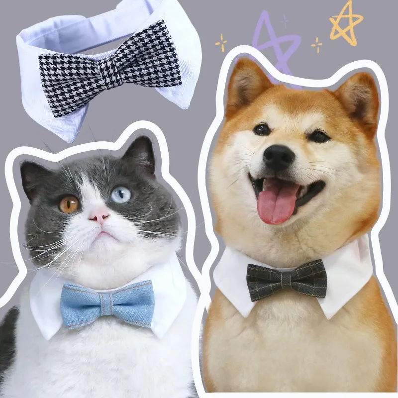 

Pet Gentleman Bow Tie, Cat and Dog, Denim Checkered, British Bow, Wedding Scarf, Fake Collar, Collar