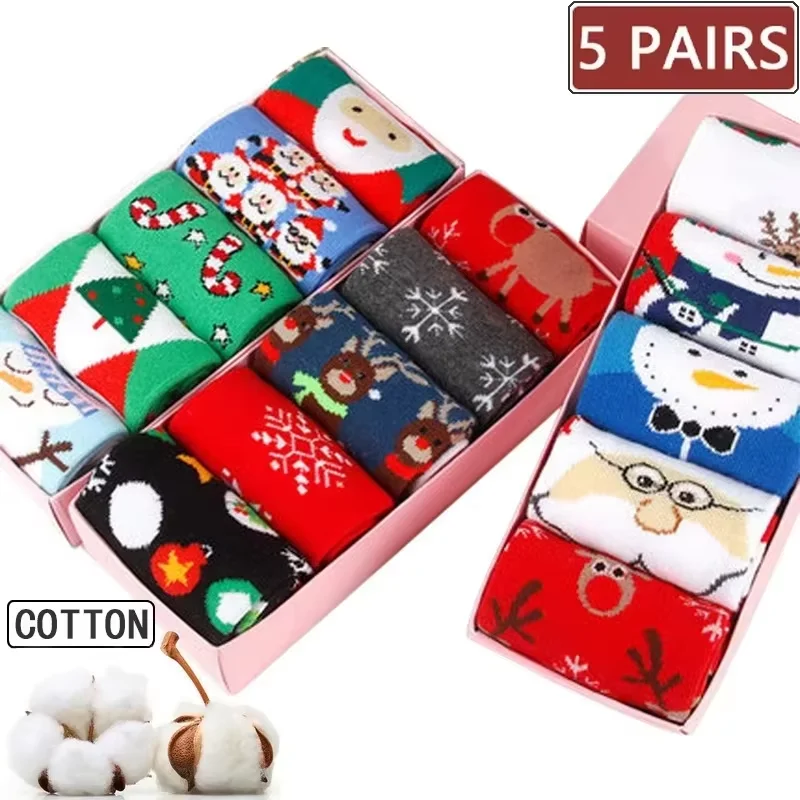 5 Pcs Christmas Socks Wool Mid-tube Socks Fun Cute Socks With Santa Reindeer Pattern Men/Women Christmas Theme Gift Box Set