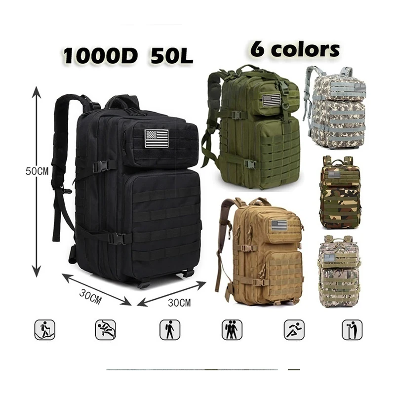 Mochila impermeable de nailon para senderismo, bolsa militar de 50L y 1000D, ideal para deportes al aire libre, Camping y caza