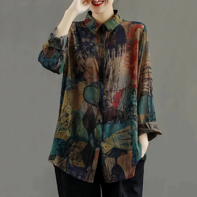

Women Vintage Print Cotton Linen Button Up Shirt Spring Autumn Fashion Lapel Long Sleeve Blouse Harajuku Loose Tops Blusas Mujer