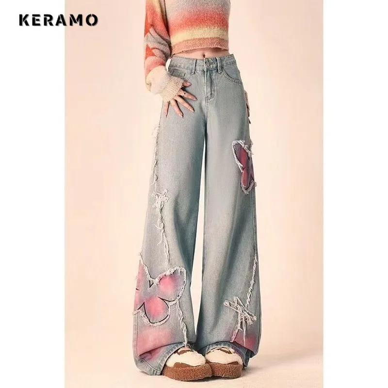 Korean Vintage Y2K Wide Leg Baggy Denim Trouser Fashion Women's Casual High Waist Pants Butterfly Print Blue Straight Jeans