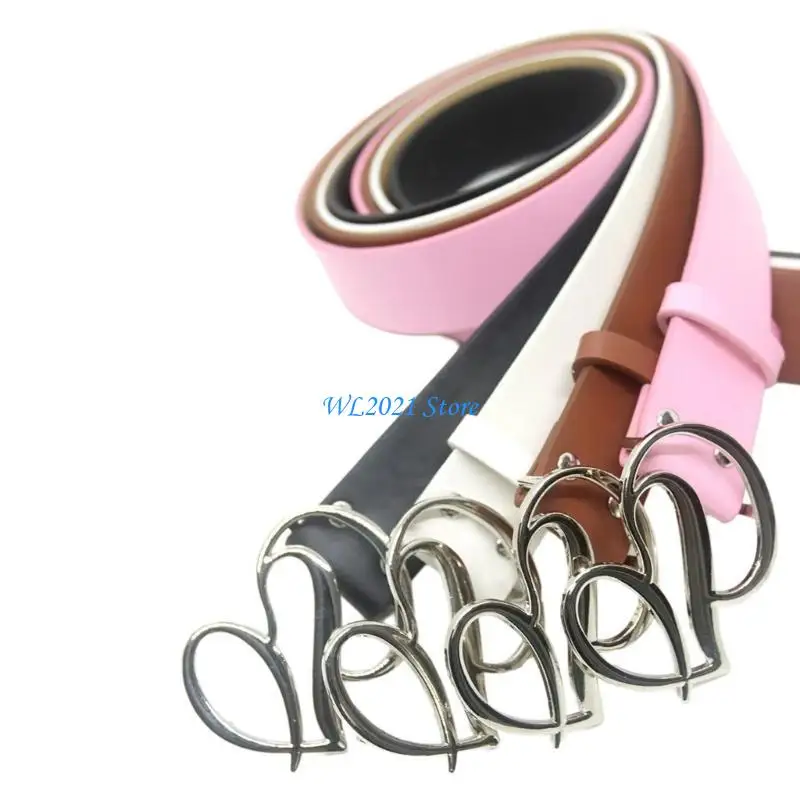 

G5GC Heart Buckle Round Hole Metal Adjustable Waist Belt PU Leather Dress Accessory