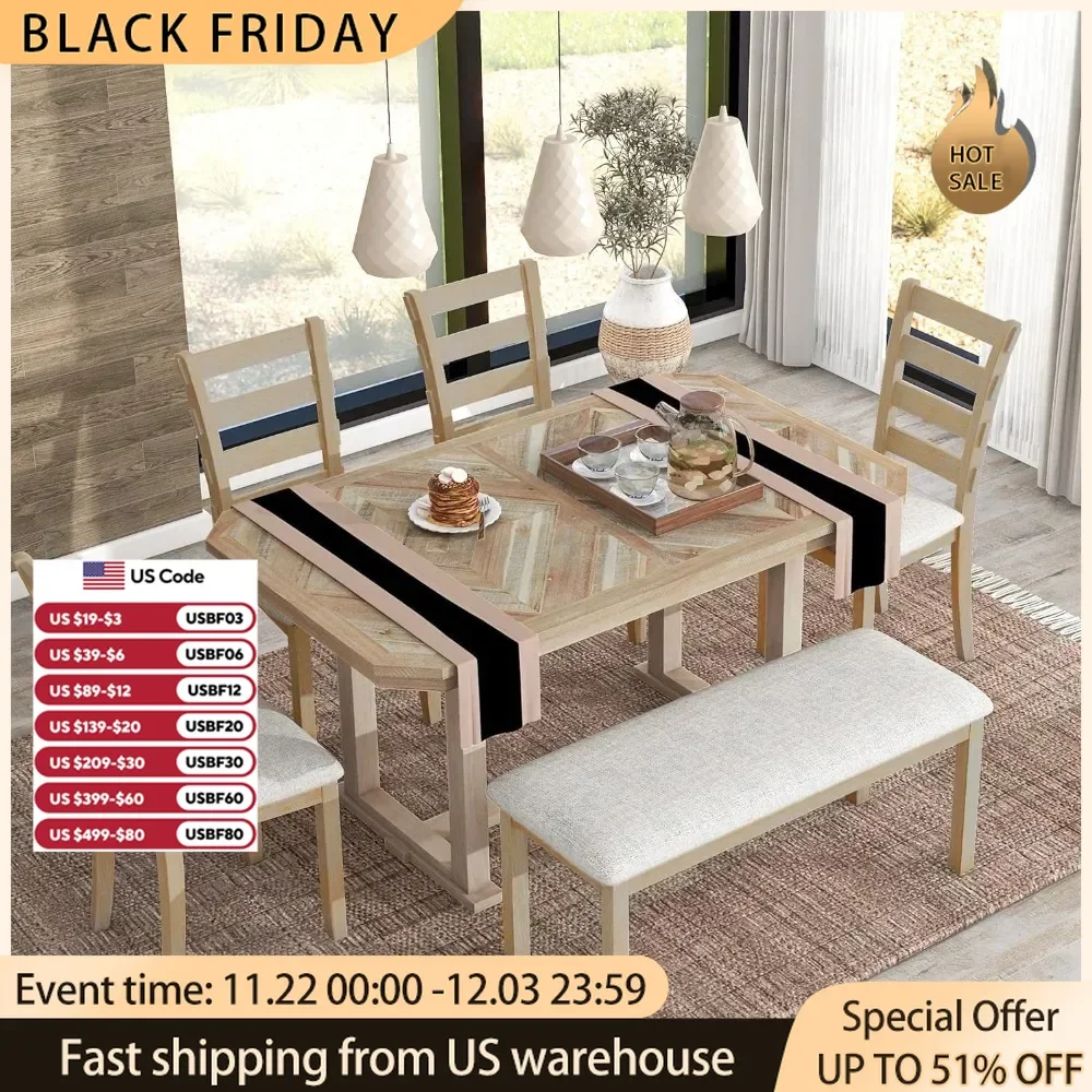 Dining Table Set for 6, 6-Piece Rubber Wood with Beautiful Wood Grain Pattern Tabletop and Soft Cushion, Dining Room Table Set