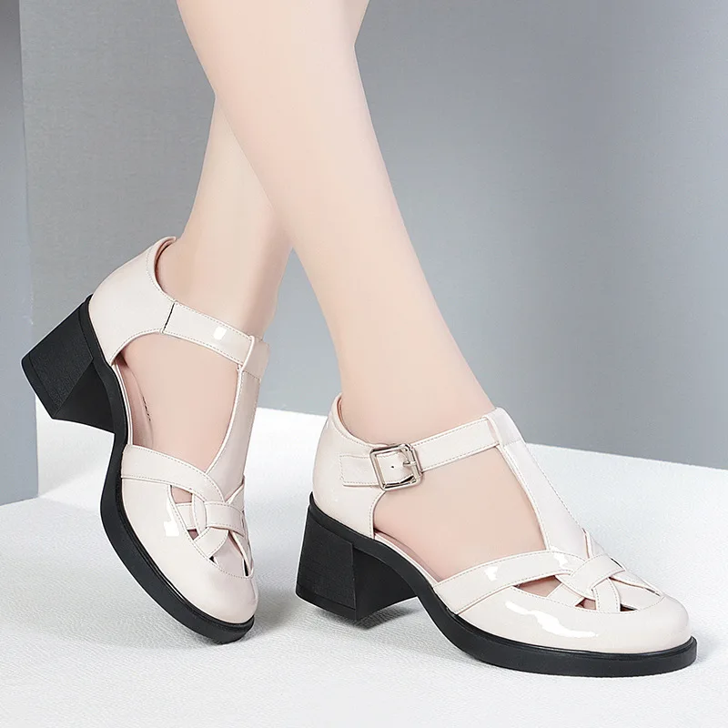 Popular Round Toe Roman Sandals 2024 Summer Cowhide Patent Leather Weave Hollow Women Shoes Fashion Leisure Thick Heel 5.5 cm