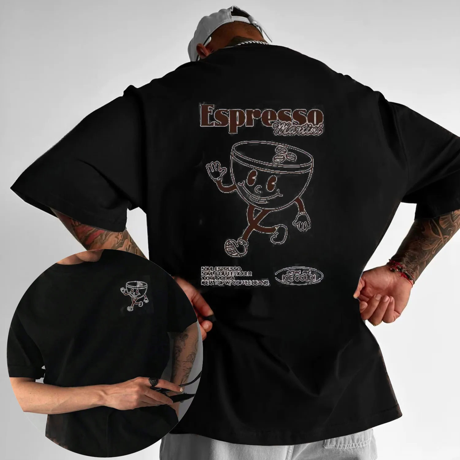 2025 الصيف مضحك اسبريسو مارتيني كوكتيل الجرافيك تي شيرت الرجال الرجعية الكرتون المتضخم تي شيرت عادية فضفاض القطن تي شيرت