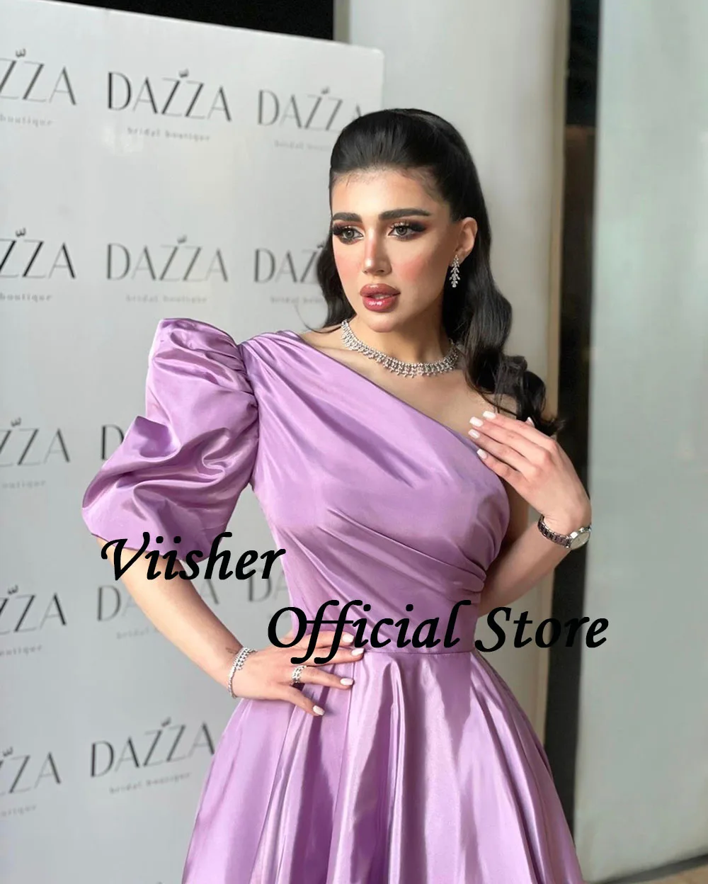 Viisher Lavender Satin A Line Evening Party Dresses One Shoulder Draped Long Formal Prom Dress Arabia Dubai Evening Party Gowns