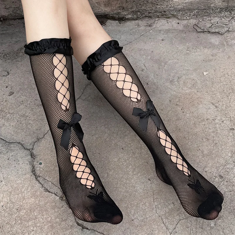 Lolita Mädchen Schleife Hohl Lange Socken Süße Japanische Fischnetz Gezeiten Spitze Kniehohe Strümpfe Seide mit Schleife Kreuz Krawatten JK Dünne Socken