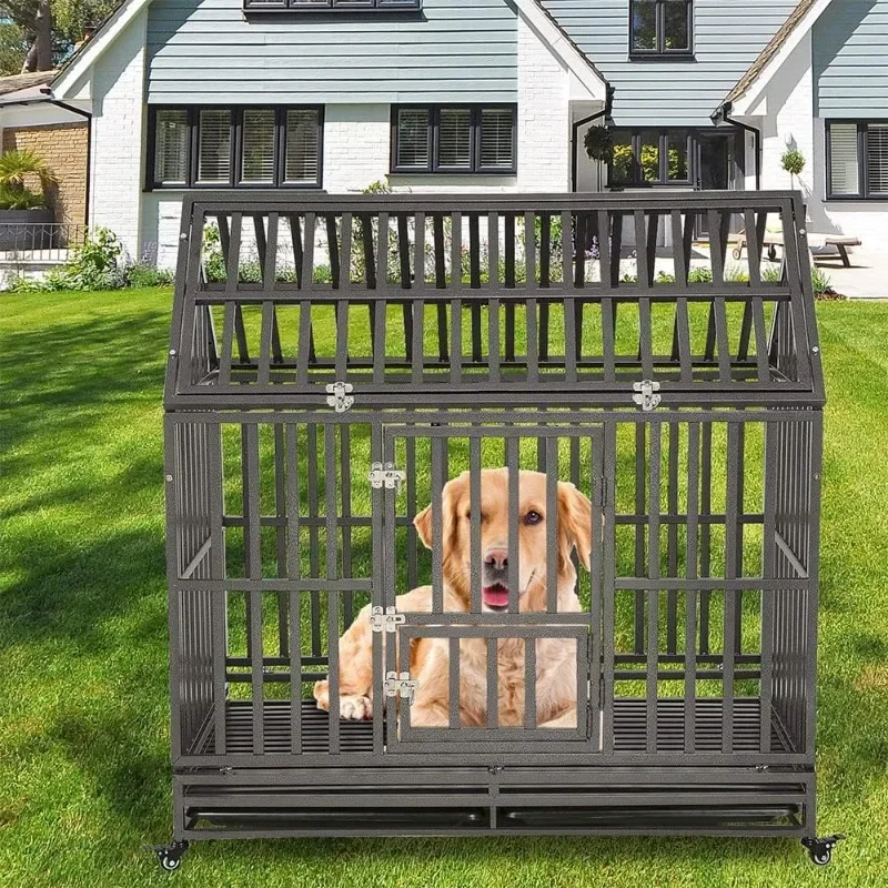 Heavy Duty Dog Crate Large Dog cageKennels and Crates for Large Indoor Outdoor with Double Doors, Locks and Lockable Wheels