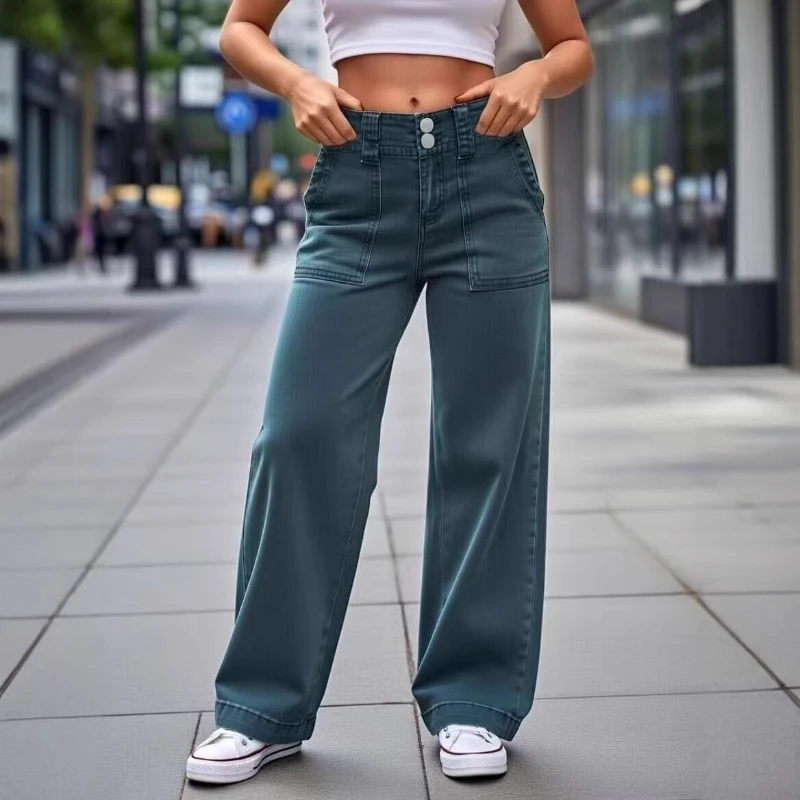 

Cargo Pants Denim Pant Women Jeans Traight Trousers Double Button Y2k Streetwear Slim Fit Work Casual Vintage Washed Mid Waist