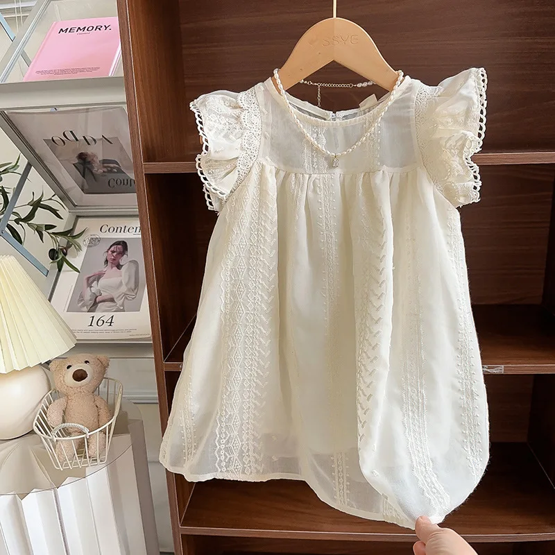 Girls Dress Summer Lace Flying Sleeve Embroidered Princess Dress Kids Dresses for Girls Korean Children Baby Girl Dress 2-7Yrs