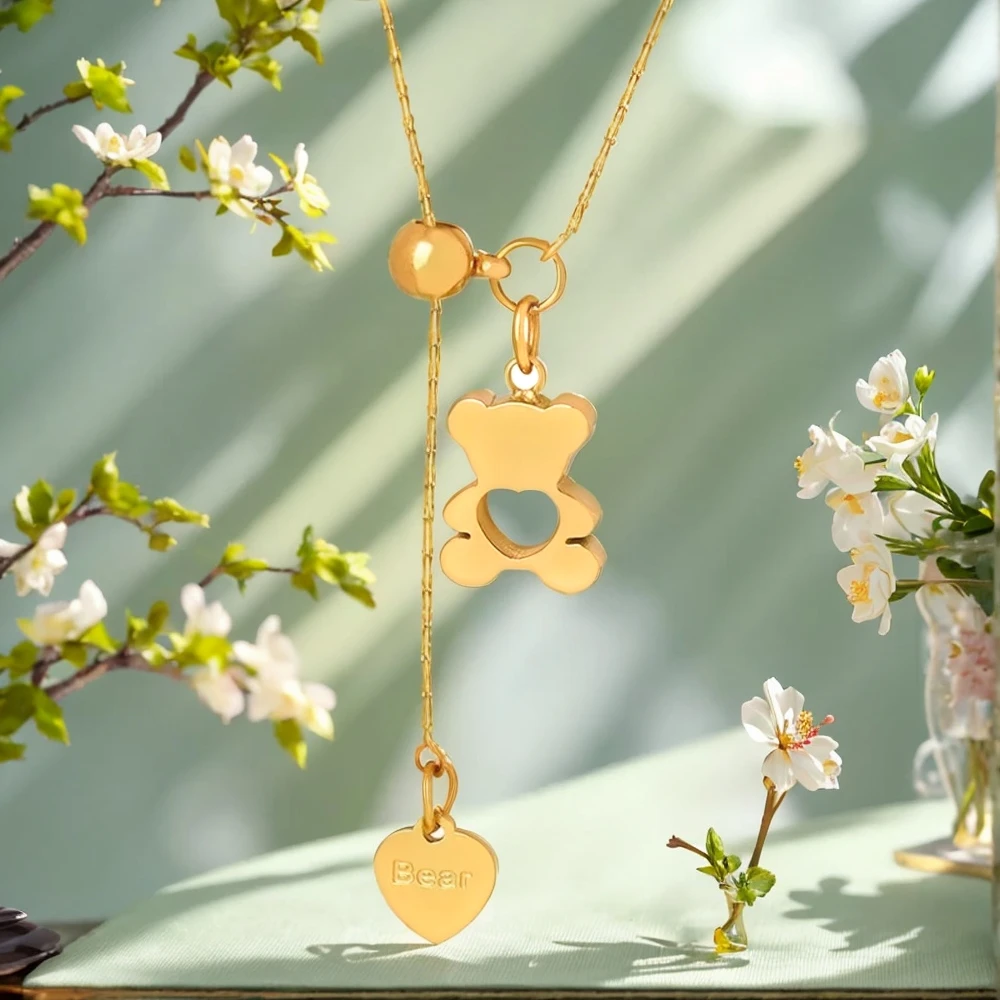 

Women's Stainless Steel Necklace Cute Hollow Bear Pendant 316L Gold-plated Heart-shaped Chain