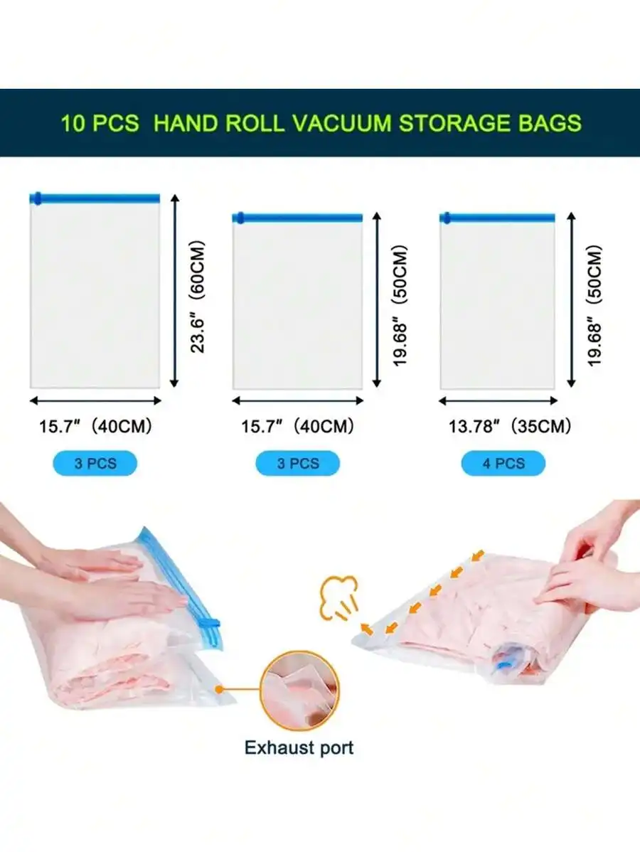 

10pcs Hand Roll Vacuum Storage Bags For Travel Home Space Saver No Pump Needed