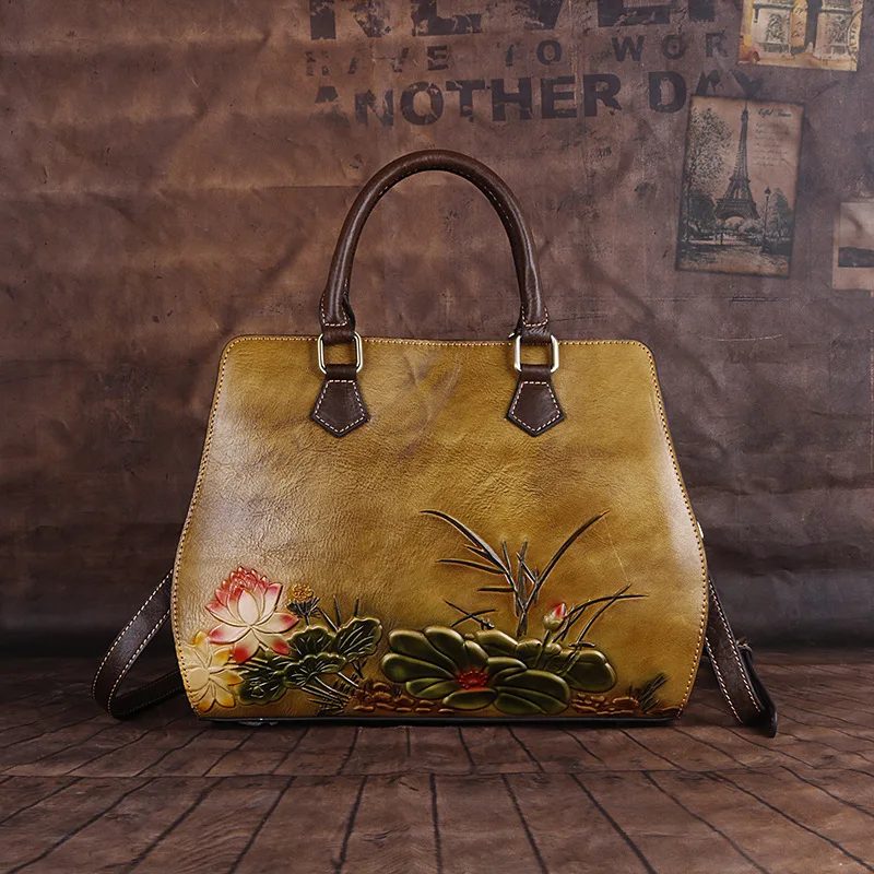 Women's New Fashion Genuine Leather Vintage Unique Embossing Lotus Flower Elegant Handbag ShoulderBag CrossbodyBag Office Daily