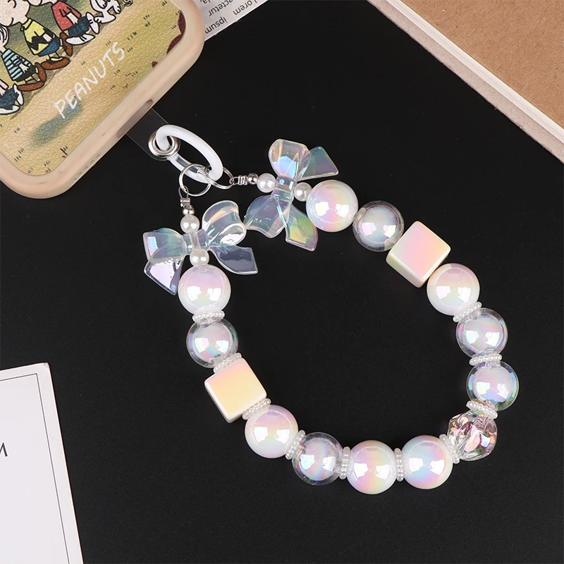 Y2K Temperament Bow Beaded Phone Case cordino Ins Style Beads bracciale a catena per telefono Anti Lost Phone Strap portachiavi ciondolo per fotocamera