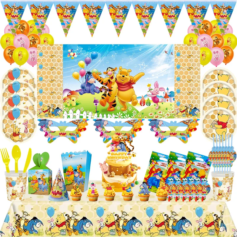 Winnie l'ourson décorations d'anniversaire ensemble de vaisselle tasses nappe mignon jaune thème fournitures de fête sac en papier boîte à bonbons pour les enfants