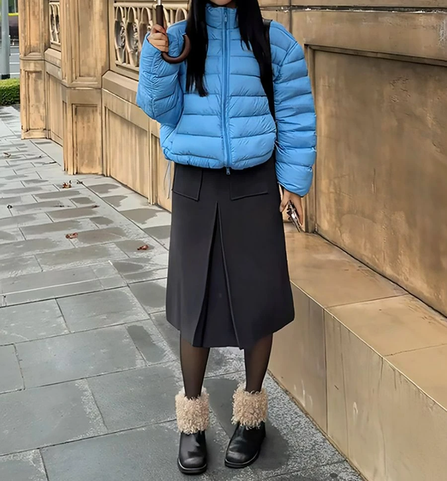 Col montant bleu court coton vêtements vêtements pour femmes hiver 2025 nouveau tempérament mince polyvalent pain vêtements veste