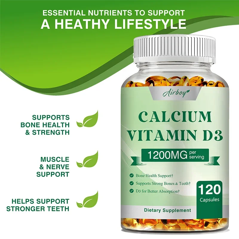 Calcium + Vitamin D3 Capsules - for Muscle Nerve Health Support Bone Density Teeth and Skin Heart Health