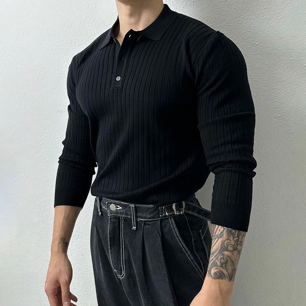 Mens Shaping Casual Long Sleeve Sweater 2024 New Genderless Fashion Youth Trend Slim Solid Color Long Sleeve Polo Shirt Unisex