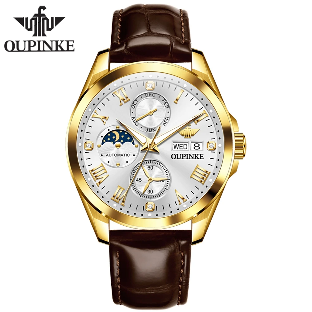 ساعات OUPINKE للرجال كاجوال بحزام جلدي أنيق من أفضل العلامات التجارية الأصلية ساعة يد ميكانيكية أوتوماتيكية مقاومة للماء وتاريخ مرحلة القمر #3