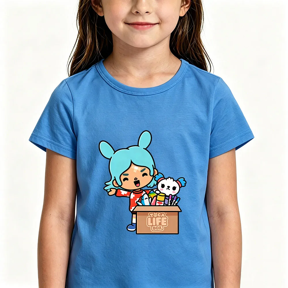 Camiseta Toca Boca World 100% de algodón para niños, camisetas con estampado de dibujos animados de 2 a 12 años, camisetas Kawaii de manga corta con cuello redondo para niños y niñas, camisetas de verano