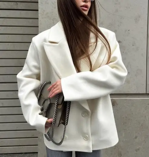 Women's Blazer 2025 Spring Autumn New Solid Color Notched Collar Long Sleeve Loose Casual Double-Breasted Blazer Coat