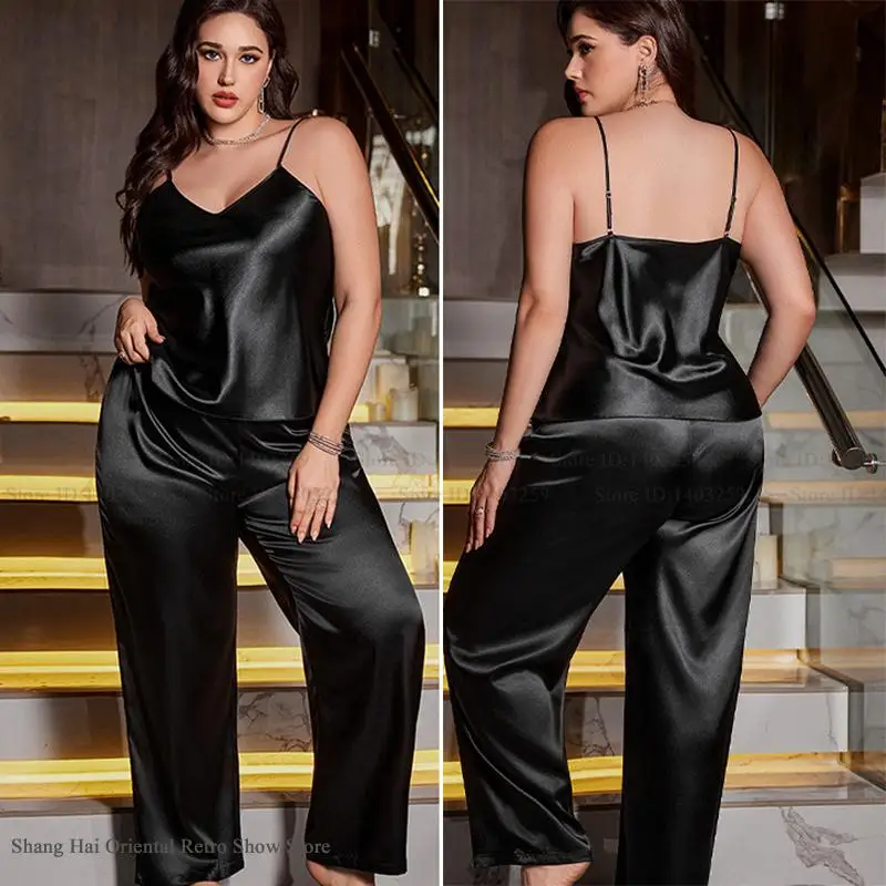 

Oversize 3XL-5XL Female Pajamas Set Sexy Lingerie Strap Top& Pants Trouser Suits Loungewear Loose Silk Satin Homewear Sleepwear