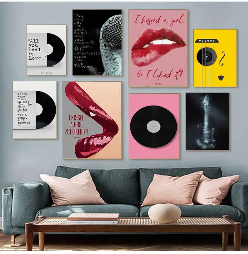 ملصق تسجيل موسيقى فينيل عتيق ، فن جداري ، أوتار جيتار ، صورة ، سماعة رأس ، كلمات ، لوحة قماشية ، طباعة ، ديكور استوديو