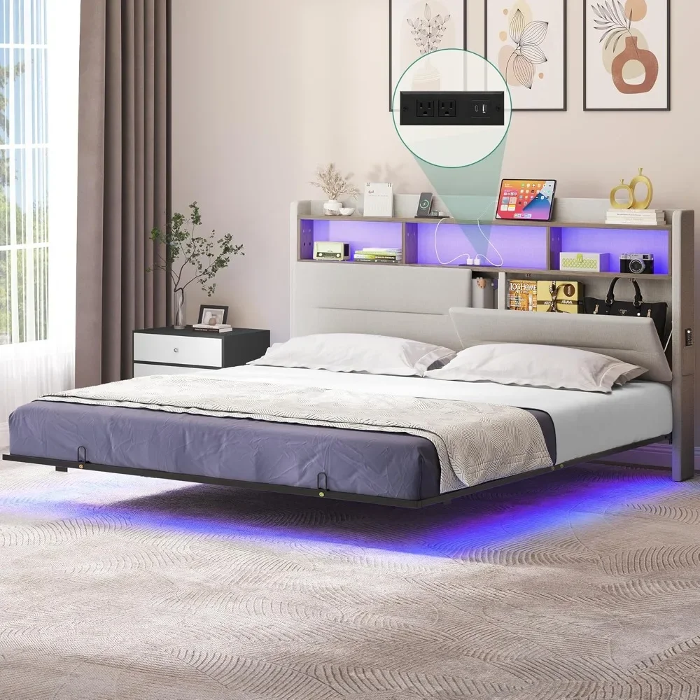 

King Floating Bed Frame with Led & Hidden Storage Headboard, Upholstered Platform Bed with USB-C/A, RGB Bed Frame, No Box