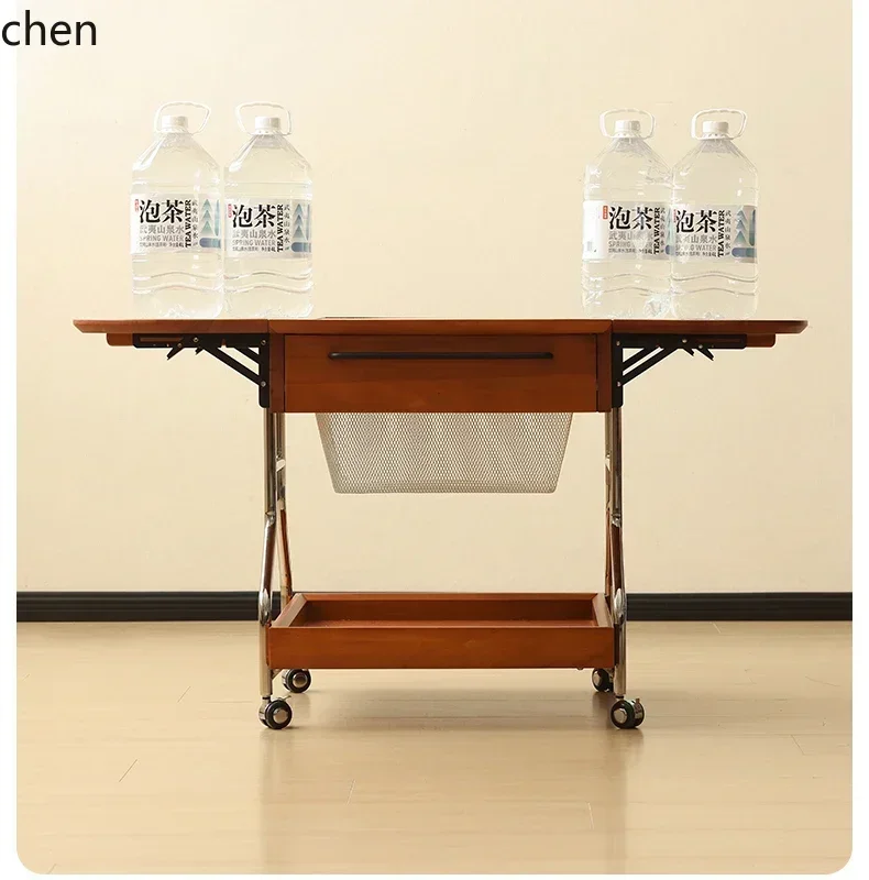 T6-solid wood folding coffee table small apartment sofa side table movable cart retro storage