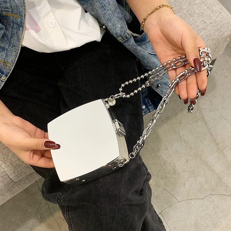 Luxury Silver Metal Box Bag Ladies Party Clutch Bag Evening Bag Chain Purse Crossbody Mini Bag Female Shoulder Bag Handbag Flap