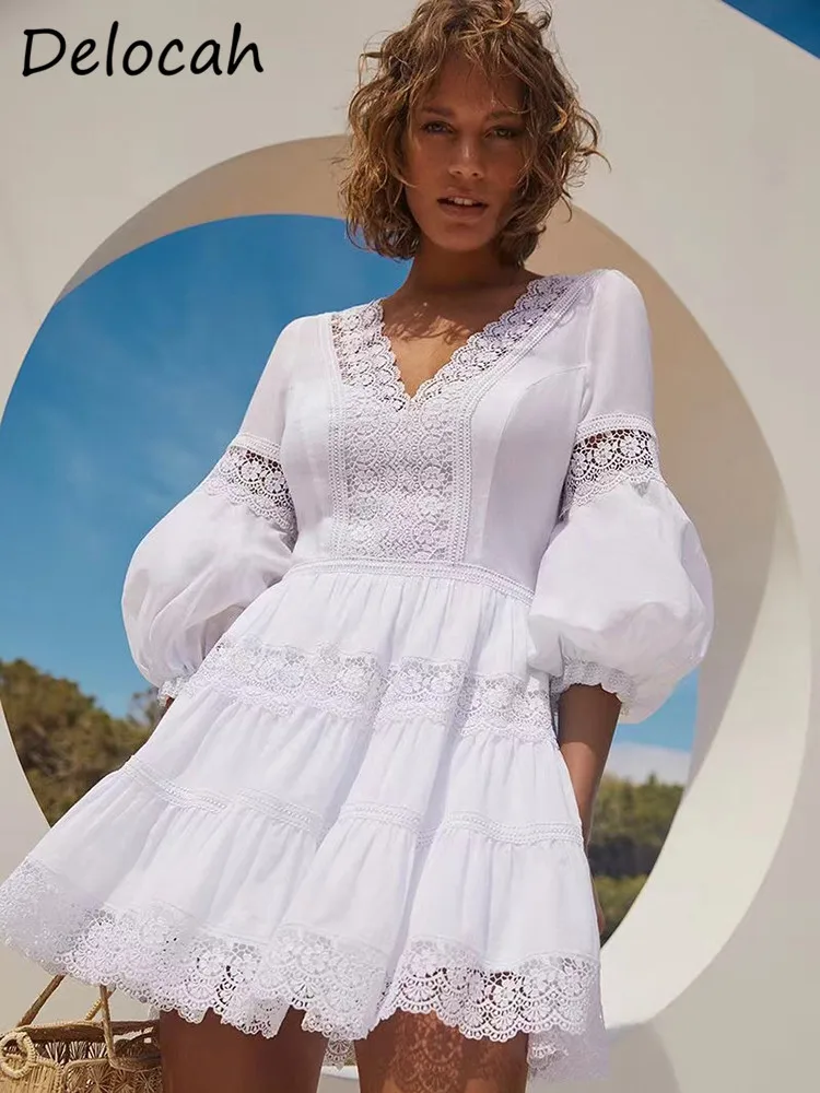 

Delocah High Quality Spring Summer Women Fashion Designer White Lantern Sleeve Mini Dress Hollow Out Embroidery High Waist Dress