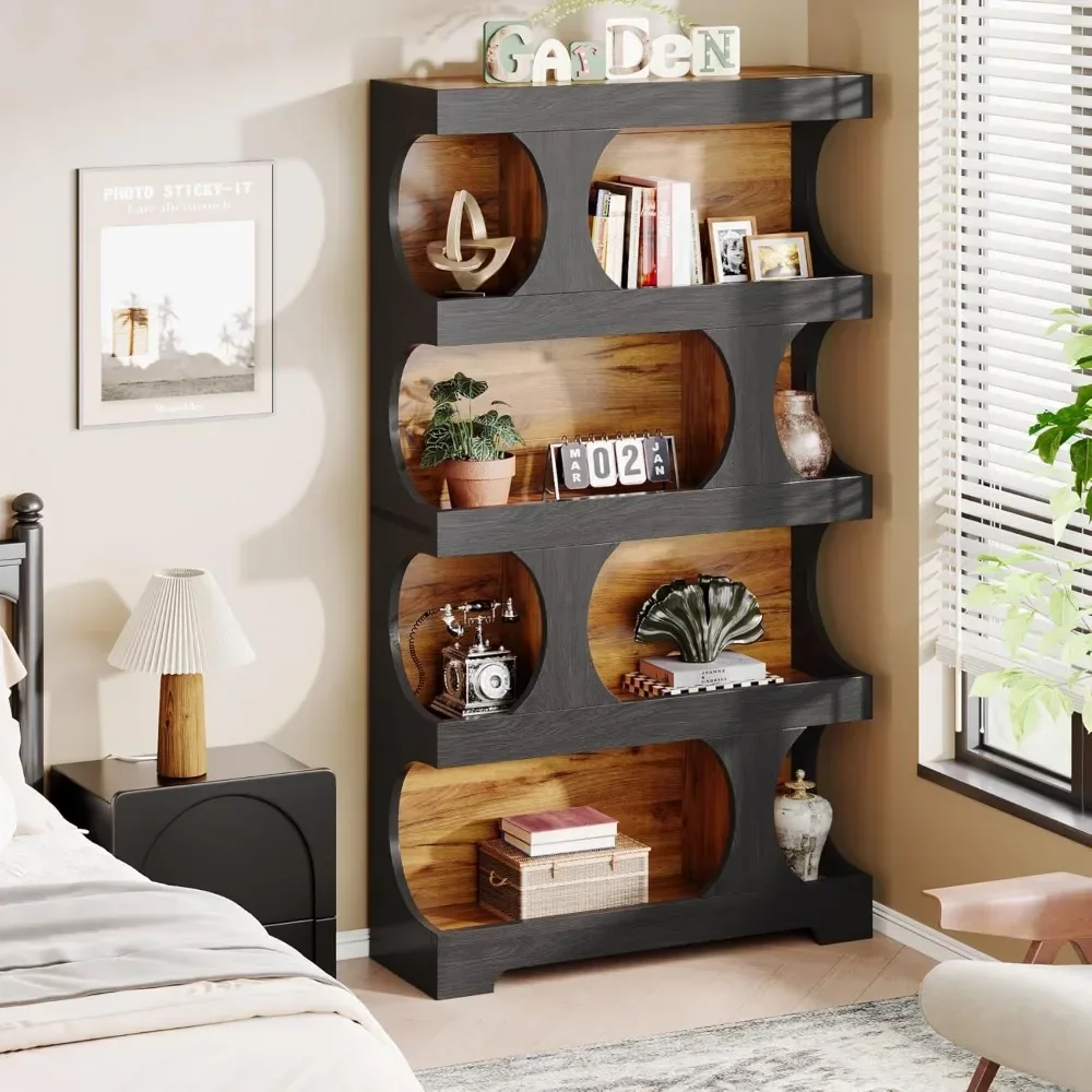 4-Tier S-Shaped Bookshelf, Wood Decorative Storage Shelving, Modern Freestanding Display Shelves