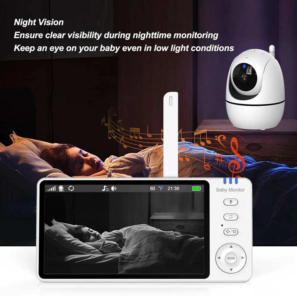 ABM501 Video Baby Monitor 5-inch Breastfeeding Timer Bidirectional Voice Temperature Monitor Music Sleeping Lullaby Baby Monitor