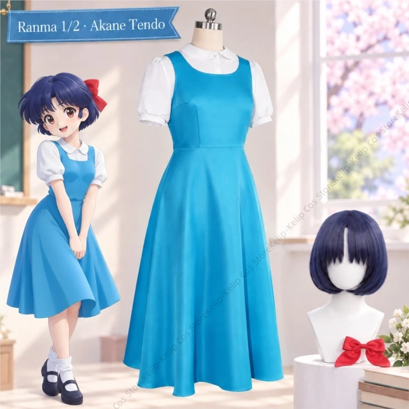 Ranma 1/2 Akane Tendo Cosplay Costume Blue Dress White Blouse Bow Hair Accessory Anime Halloween Carnival Comic Con Outfit - view 2